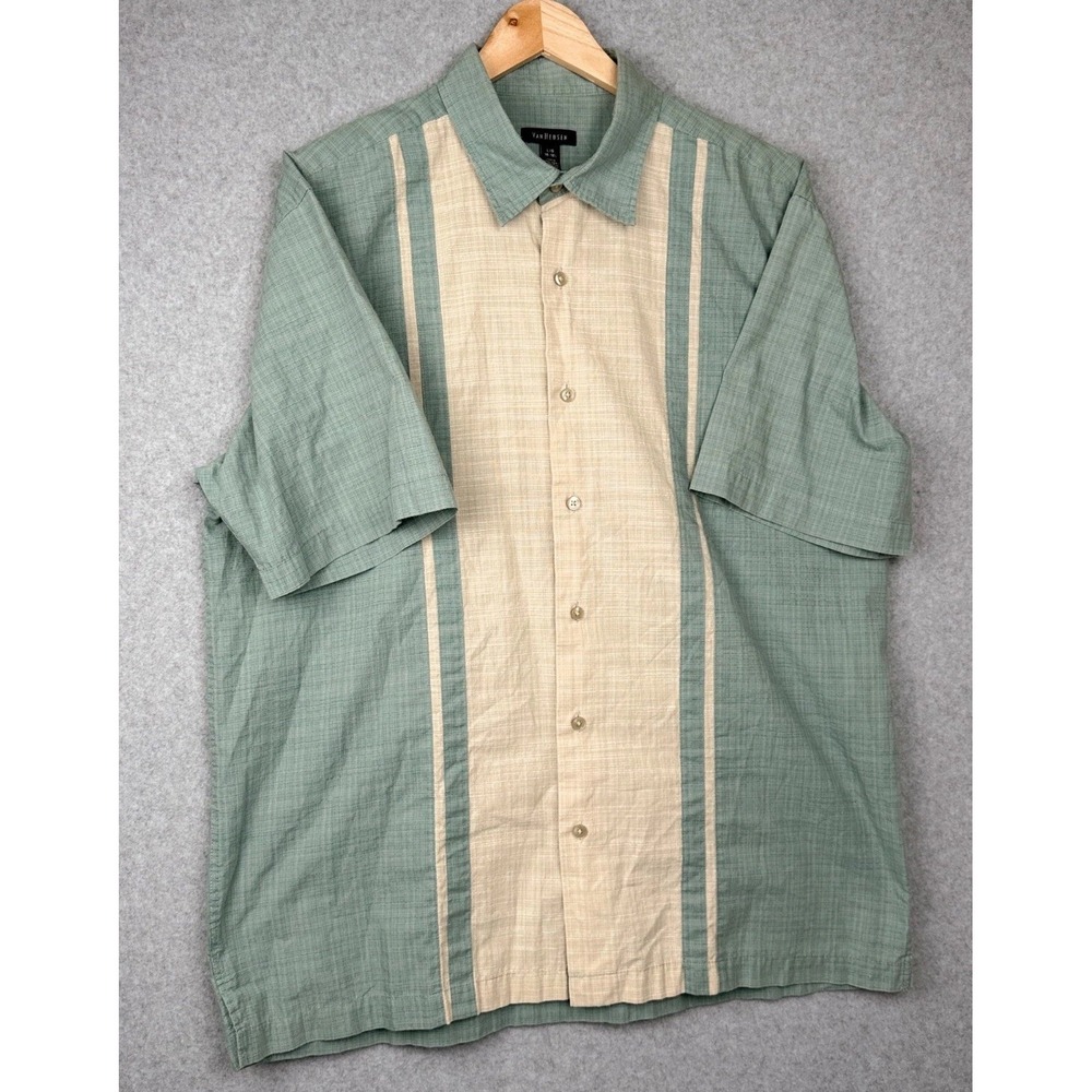Van Heusen Y2K Style Camp Shirt Mens L Green Beige Button Up Short Sleeve